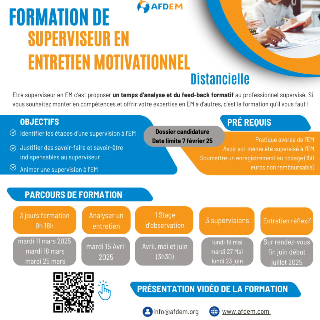 Formation à la supervision en EM<p>A DISTANCE</p>11, 18 et 25 mars 2025 de 10h à 18h</p> + ½ journée de formation sur l’analyse d’entretien EM en demi-groupe : le 15 avril 2025 + 3 supervisions de 2h à distance le 19 mai, 27 mai et 23 juin 2025